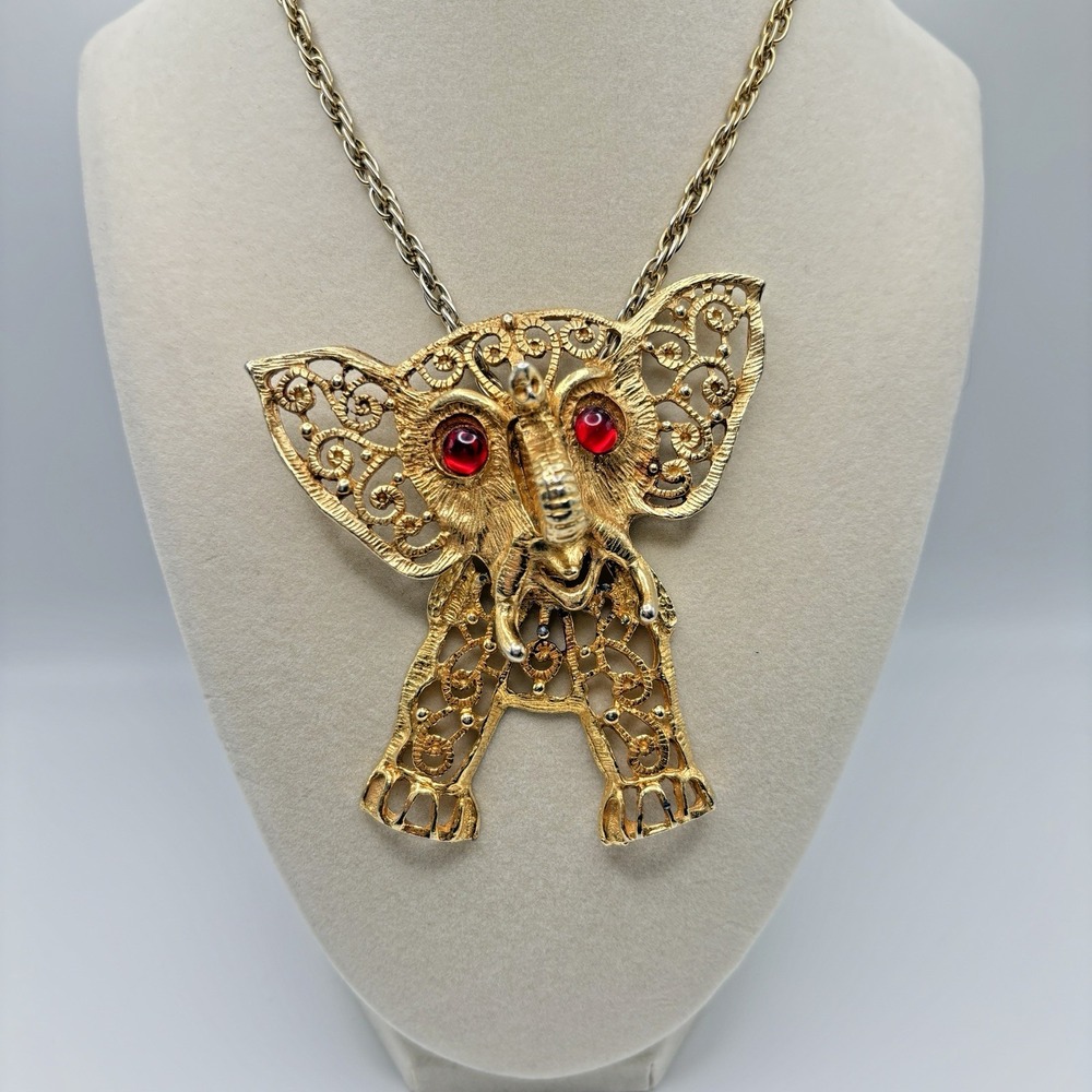 D&E Juliana Elephant Pendant Necklace w/ Red Eyes Book Piece Statement Filigree